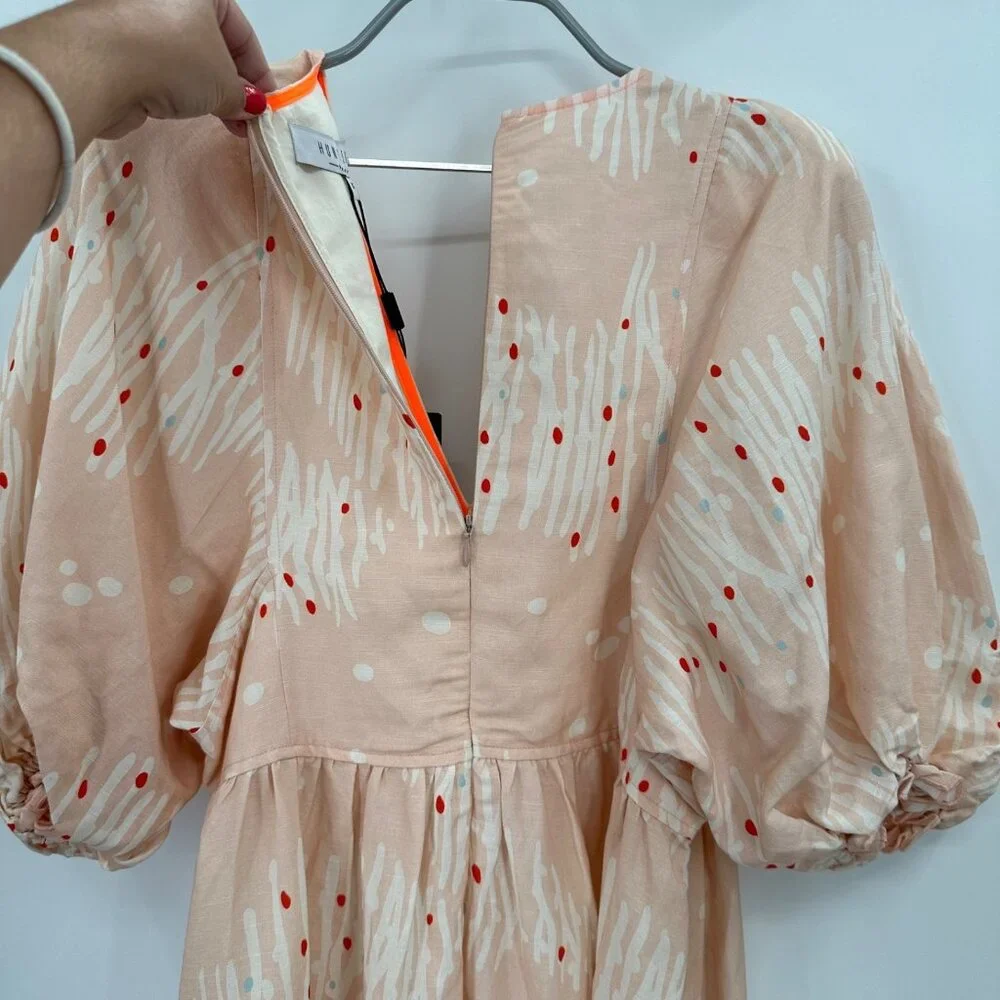 Hunter Bell Abstract Coral Palmer Linen Maxi Dress size XS Puff Sleeve Tiered - Picture 16 of 16